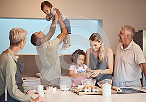 Generation family, cooking play together in family home kitchen for happiness, bonding and diversity. Mother, father and
