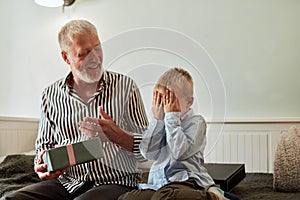 Generation. grandfather and grandson with gift box sitting on couch at home