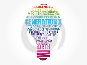 Generation X light bulb Word Cloud collage, concept background