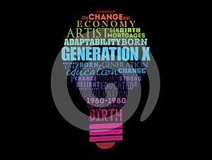 Generation X light bulb Word Cloud collage, concept background