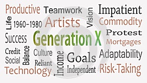 Generation X word cloud concept with great terms such as now photo