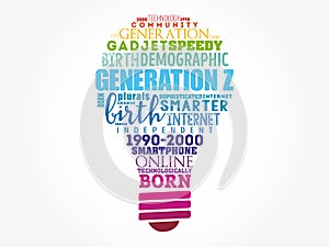 Generation Z light bulb Word Cloud collage, concept background