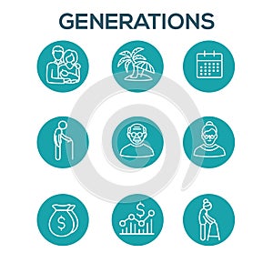 Generations - Golden Years Icon Set with retirement calendar , money, etc