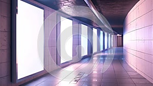 Generative AI 2 blank vertical advertising banners posters mockup in underground tunnel walkway outofhome OOH medi