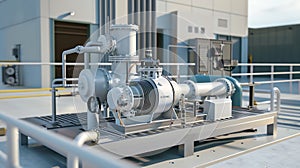 Generative AI 3d rendering of water pump station on rooftop factory. Include centrifugal pump, electric motor, pip