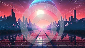 Generative AI, 80s retro futuristic sci-fi., nostalgic 90s. Night and sunset neon colors, cyberpunk