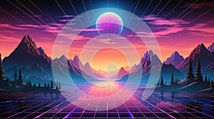 Generative AI, 80s retro futuristic sci-fi., nostalgic 90s. Night and sunset neon colors, cyberpunk