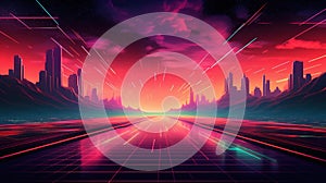 Generative AI, 80s retro futuristic sci-fi., nostalgic 90s. Night and sunset neon colors, cyberpunk vintage illustration. Sun,