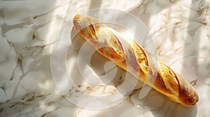 Generative AI From above photo of french baguette bread on marble kitchen table business concept.