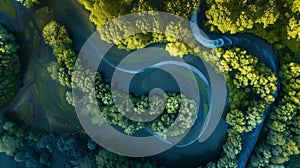 Generative AI Abstract aerial top view of winding river Aa in forest Starkriet SomerenEind NoordBrabant Netherland