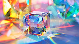 Generative AI Abstract background with closeup shot of glossy crystal block with multicolored gradient reflection