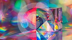 Generative AI Abstract background with closeup shot of glossy crystal block with multicolored gradient reflection