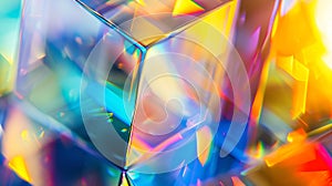 Generative AI Abstract background with closeup shot of glossy crystal block with multicolored gradient reflection photo
