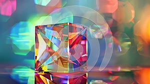 Generative AI Abstract background with closeup shot of glossy crystal block with multicolored gradient reflection photo