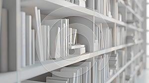 Generative AI Abstract blurred modern white bookshelves with books manuals and textbooks on bookshelves in library photo