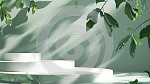 Generative AI Abstract empty white podium with green leaves on green background Mock up stand for product presenta photo