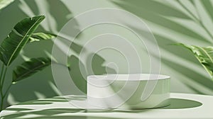 Generative AI Abstract empty white podium with green leaves on green background Mock up stand for product presenta photo