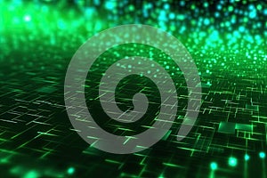 Generative AI. Abstract green background with golden sparkles and neon light effects. Techy background photo