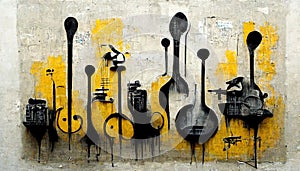 Generative AI, Abstract Street art with keys and musical instruments silhouettes.