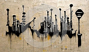 Generative AI, Abstract Street art with keys and musical instruments silhouettes. Ink colorful graffiti art on a textured paper