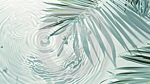 Generative AI Abstract water texture surface with drops rings and ripple decorated palm leaves
Flat lay top view s