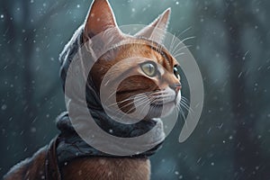 Generative AI, abyssinian cat adventurer in winter forets.