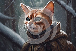 Generative AI, abyssinian cat adventurer in winter forets. photo