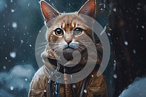 Generative AI, abyssinian cat adventurer in winter forets. photo