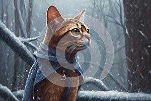 Generative AI, abyssinian cat adventurer in winter forets. photo