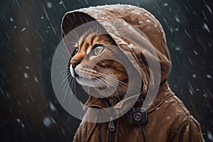 Generative AI, abyssinian cat adventurer in winter forets. photo