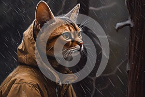 Generative AI, abyssinian cat adventurer in winter forets. photo