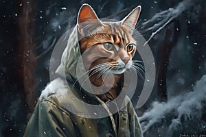 Generative AI, abyssinian cat adventurer in winter forets. photo