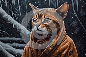 Generative AI, abyssinian cat adventurer in winter forets. photo