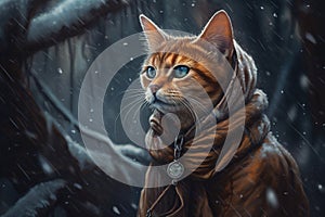 Generative AI, abyssinian cat adventurer in winter forets. photo