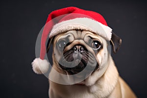 Generative AI Adorable pug dog is wearing a red Santa hat. Front view. Minimalistic dark studio background, realistic