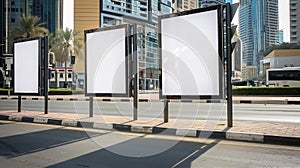 Generative AI Advertisement mockup Blank empty billboards on the city street in Dubai UAE business concept.