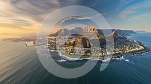 Generative AI Aerial view of Atlantic Seaboard with Lions Head and Table Mountain at sunset Cape Town South Africa