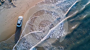 Generative AI Aerial view of a car driving on the beach Bribie Island Queensland Australia Top down perspective bu