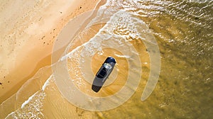 Generative AI Aerial view of a car driving on the beach Bribie Island Queensland Australia Top down perspective bu