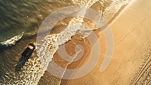 Generative AI Aerial view of a car driving on the beach Bribie Island Queensland Australia Top down perspective bu