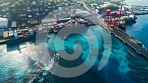 Generative AI Aerial view of cargo ships and shipping containers in harbor Reunion island business concept.