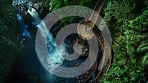 Generative AI Aerial view of Celeste waterfall tourists and spiral wooden stairs Costa Rica business concept.