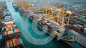 Generative AI Aerial View of Container Ships Loading and Unloading at a Busy Port Terminal business concept.
