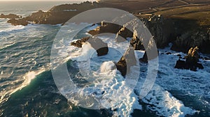 Generative AI Aerial view of Enys Dodnan Arch with rough seas during a winters storm Lands End Cornwall United Kin