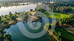 Generative AI Aerial view of lake surrounded by trees and farmland with dry rice fields after harvest Nakhon Luang