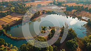 Generative AI Aerial view of lake surrounded by trees and farmland with dry rice fields after harvest Nakhon Luang