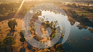 Generative AI Aerial view of lake surrounded by trees and farmland with dry rice fields after harvest Nakhon Luang