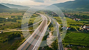 Generative AI Aerial view of a road crossing the countryside near Zenica Bosnia and Herzegovina business concept.