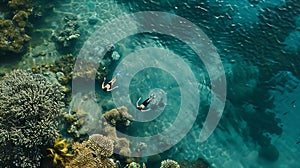 Generative AI Aerial view of two persons snorkeling at Great Barrier Reef in Australia business concept.