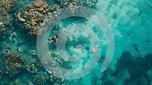 Generative AI Aerial view of two persons snorkeling at Great Barrier Reef in Australia business concept.